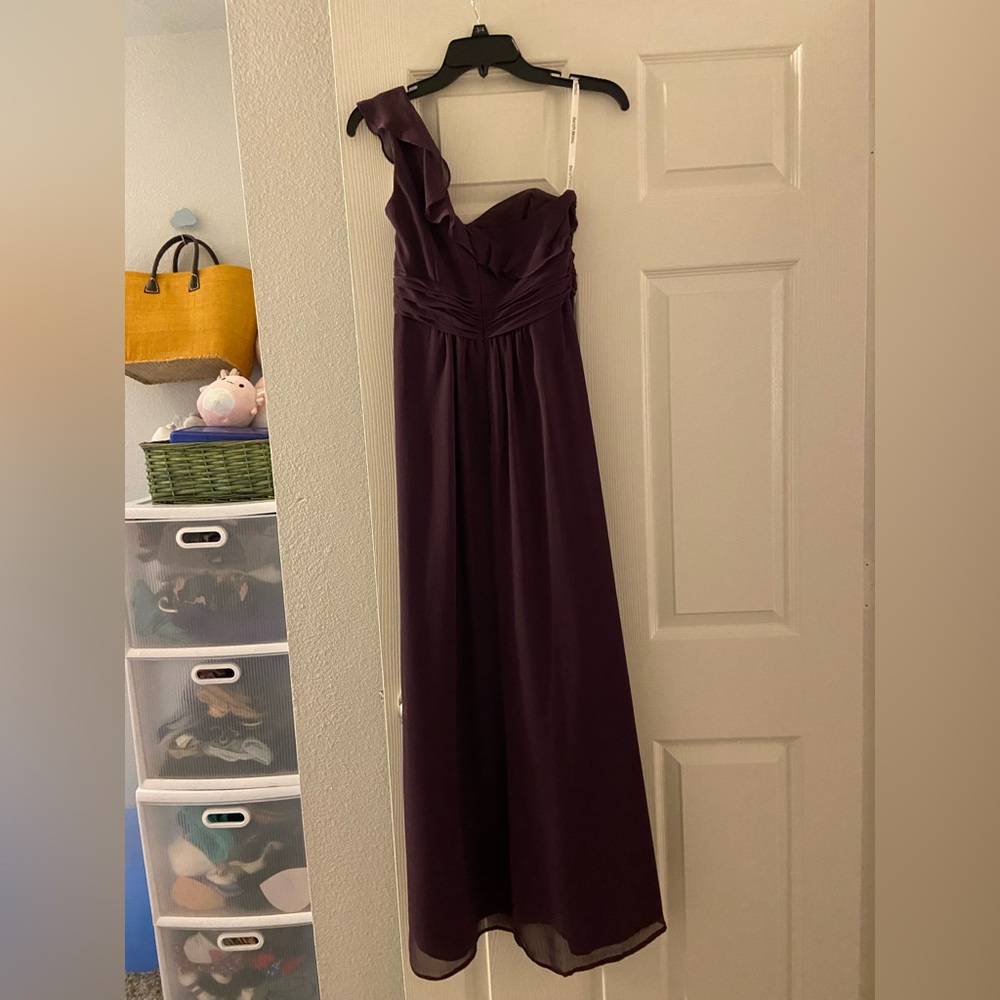 purple one shoulder mid length dress